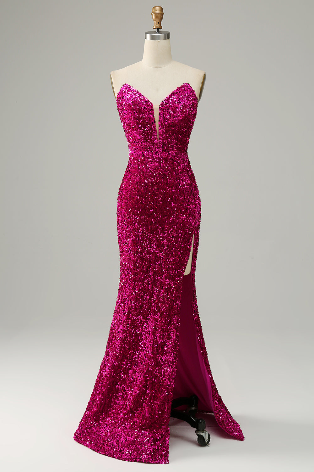 Hot Pink Trägerloses Pailletten Ballkleid mit Schlitz