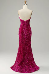 Hot Pink Trägerloses Pailletten Ballkleid mit Schlitz