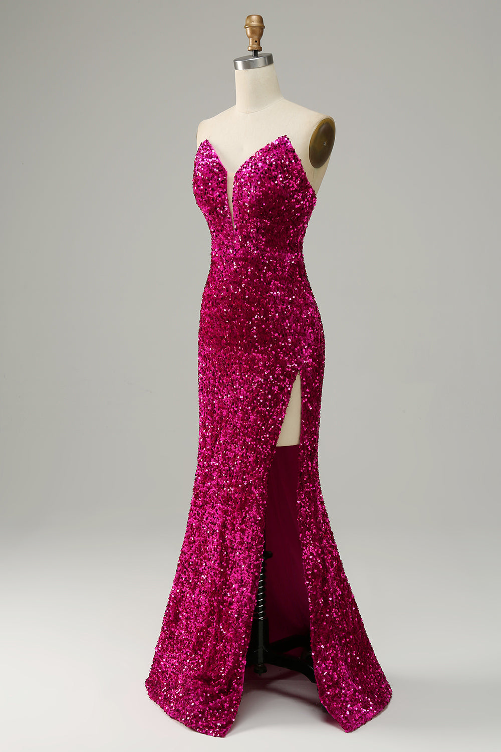 Hot Pink Trägerloses Pailletten Ballkleid mit Schlitz