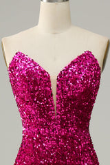 Hot Pink Trägerloses Pailletten Ballkleid mit Schlitz