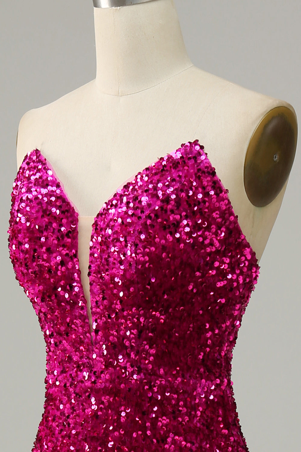 Hot Pink Trägerloses Pailletten Ballkleid mit Schlitz
