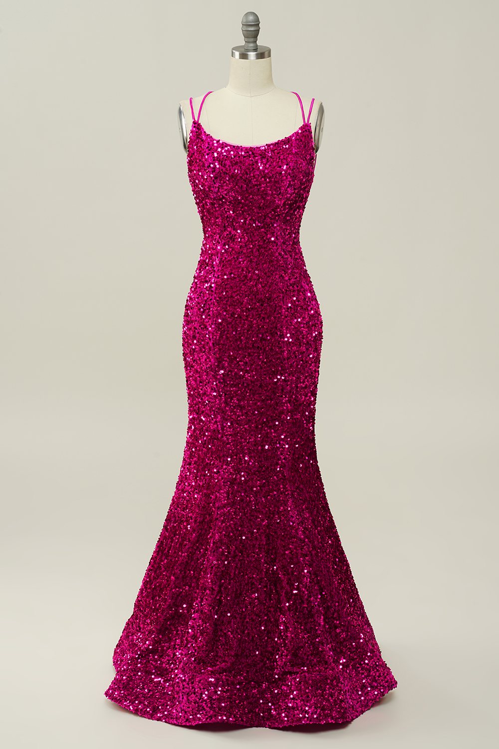 Hot Pink Pailletten Spaghettiträger Meerjungfrau Ballkleid mit Schnürung Rücken