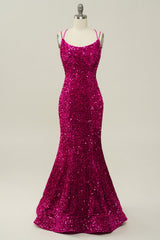 Hot Pink Pailletten Spaghettiträger Meerjungfrau Ballkleid mit Schnürung Rücken