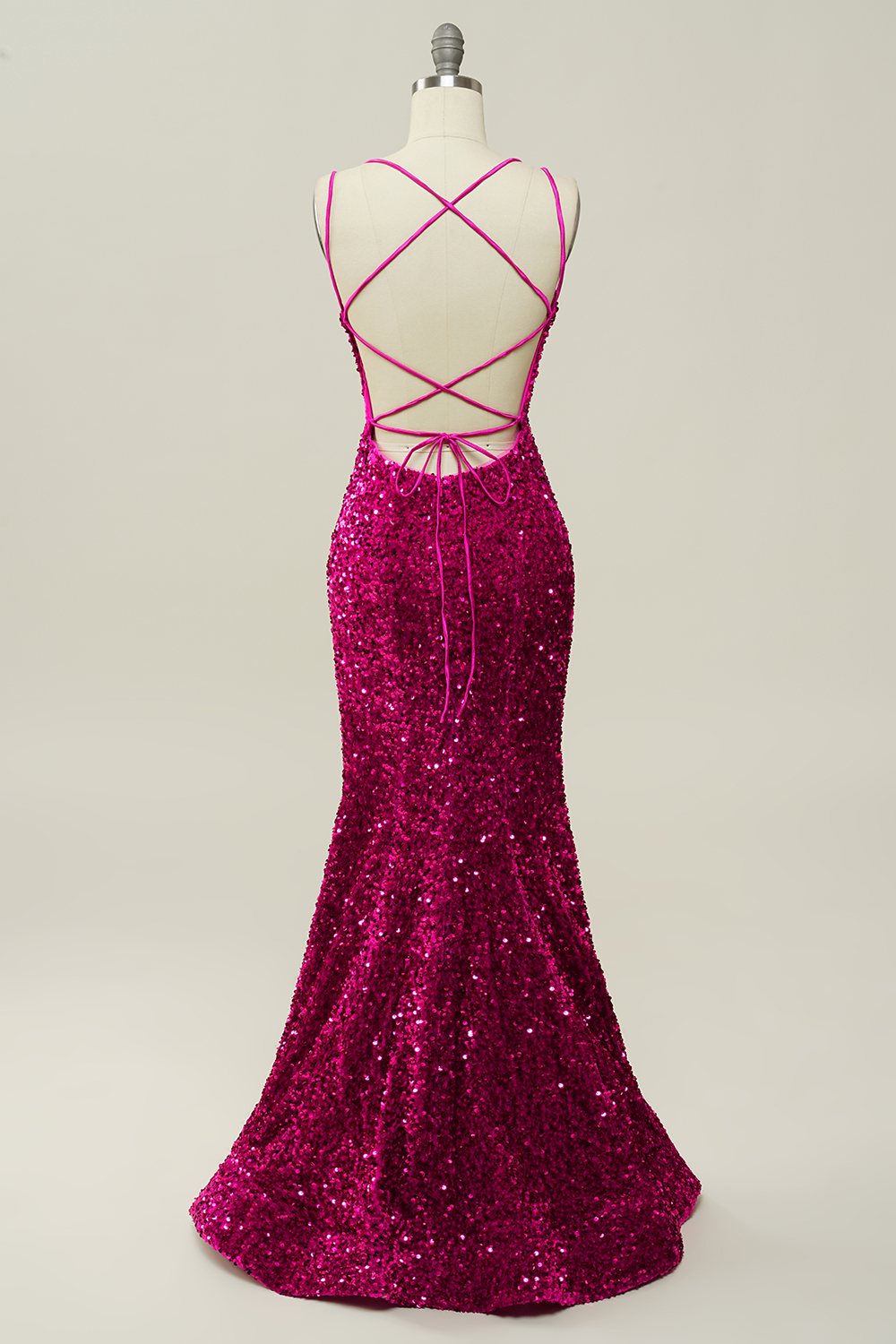 Hot Pink Pailletten Spaghettiträger Meerjungfrau Ballkleid mit Schnürung Rücken