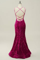 Hot Pink Pailletten Spaghettiträger Meerjungfrau Ballkleid mit Schnürung Rücken