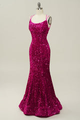 Hot Pink Pailletten Spaghettiträger Meerjungfrau Ballkleid mit Schnürung Rücken