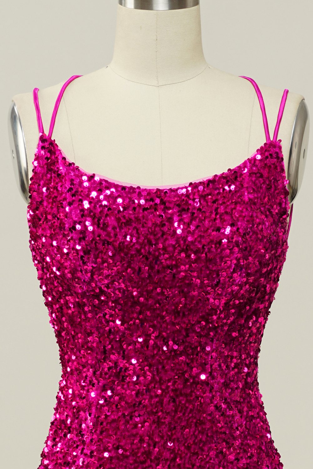 Hot Pink Pailletten Spaghettiträger Meerjungfrau Ballkleid mit Schnürung Rücken