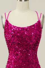 Hot Pink Pailletten Spaghettiträger Meerjungfrau Ballkleid mit Schnürung Rücken