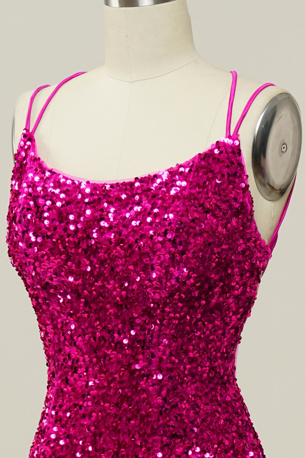 Hot Pink Pailletten Spaghettiträger Meerjungfrau Ballkleid mit Schnürung Rücken