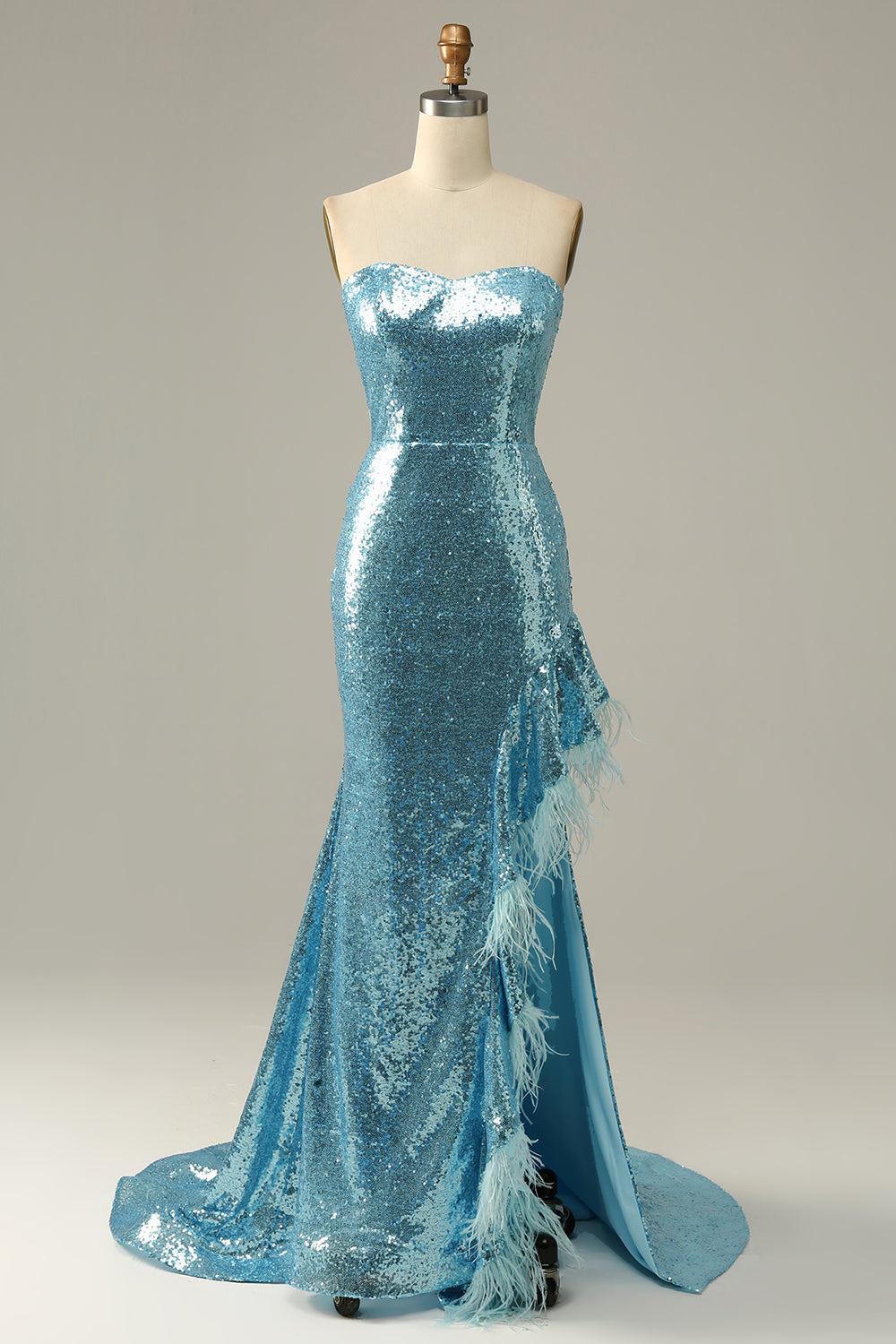 Himmelblau Herzausschnitt Pailletten Meerjungfrau Ballkleid mit Federn
