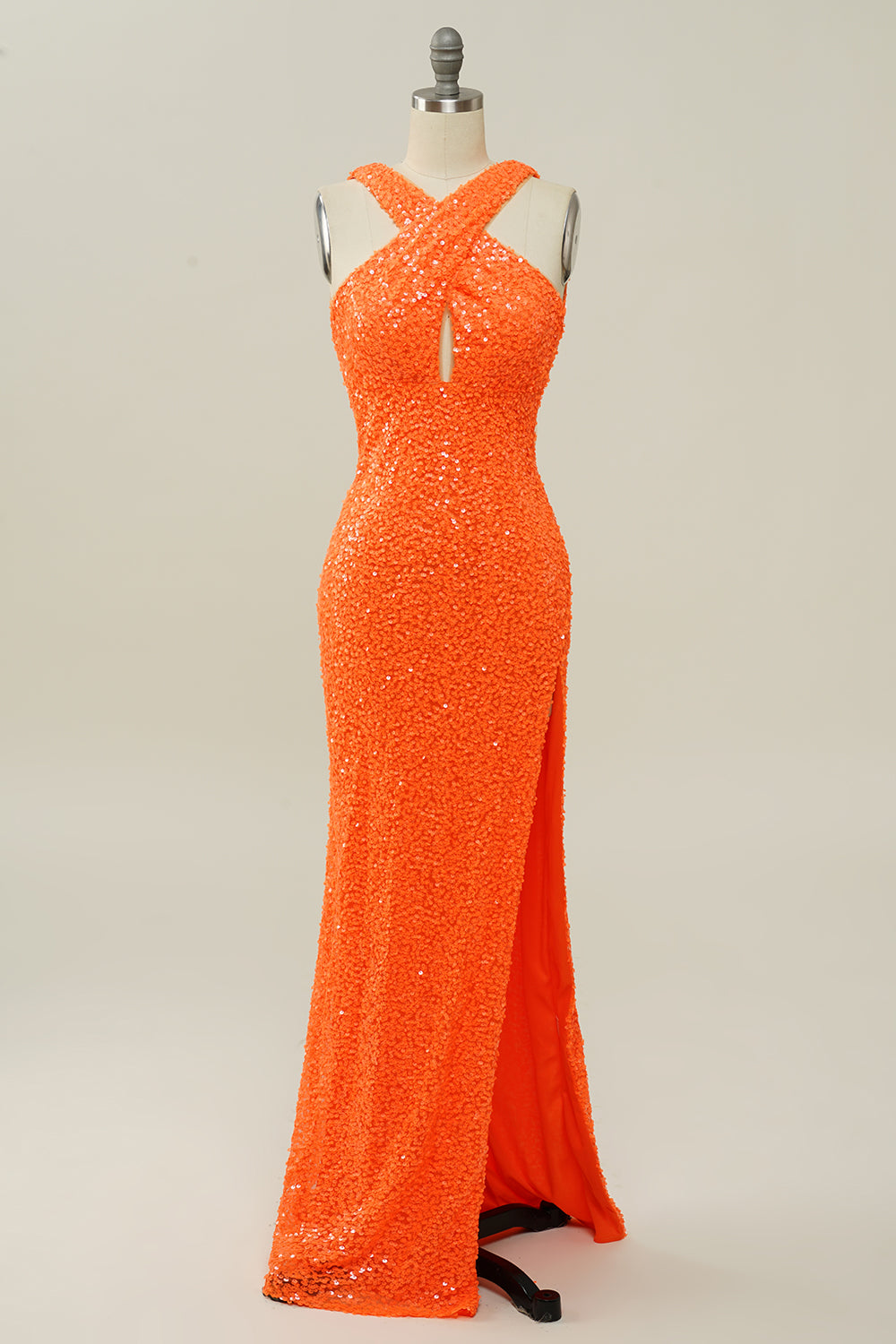 Orange Neckholder Pailletten Kleid ohne Rücken Meerjungfrau Ballkleid