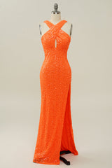 Orange Neckholder Pailletten Kleid ohne Rücken Meerjungfrau Ballkleid