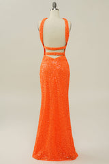 Orange Neckholder Pailletten Kleid ohne Rücken Meerjungfrau Ballkleid