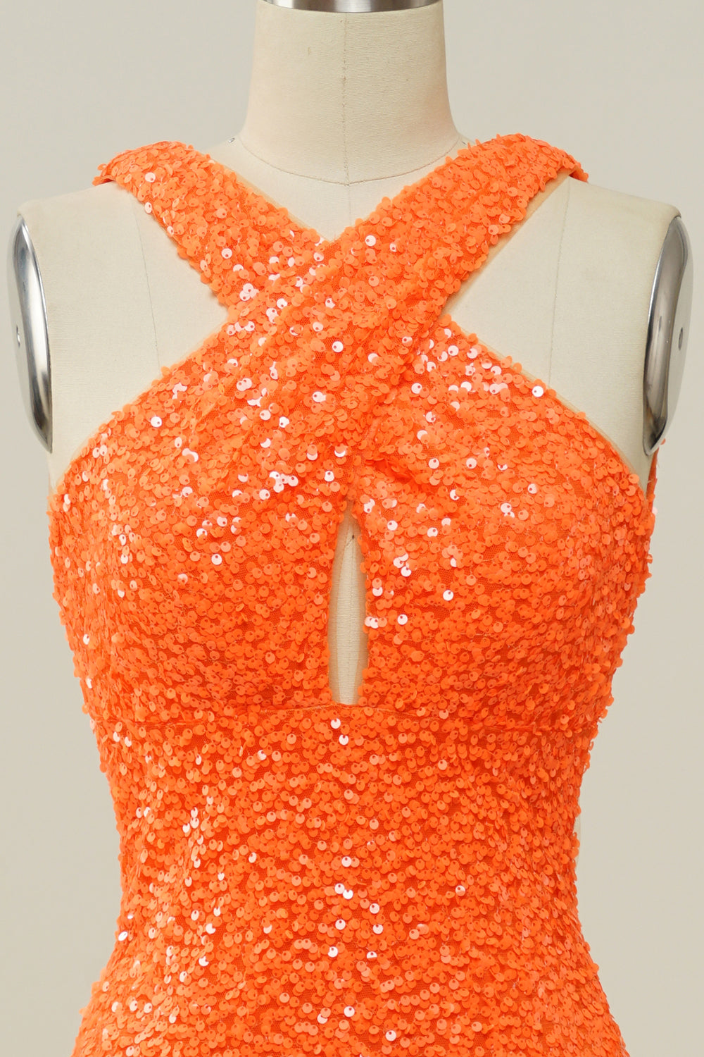 Orange Neckholder Pailletten Kleid ohne Rücken Meerjungfrau Ballkleid