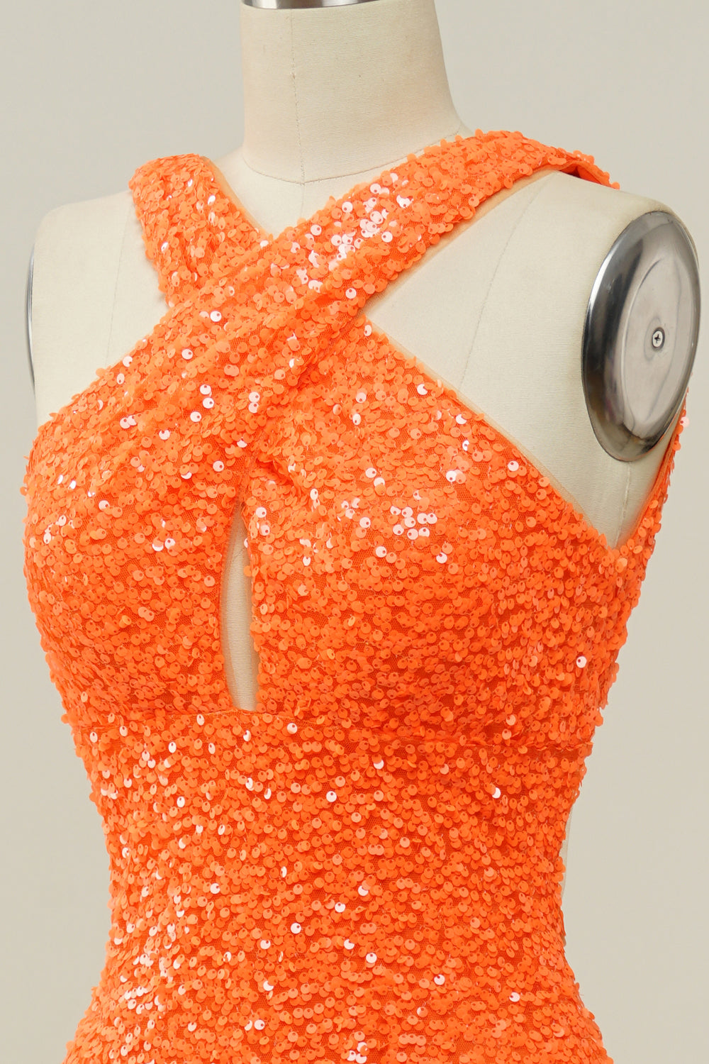 Orange Neckholder Pailletten Kleid ohne Rücken Meerjungfrau Ballkleid