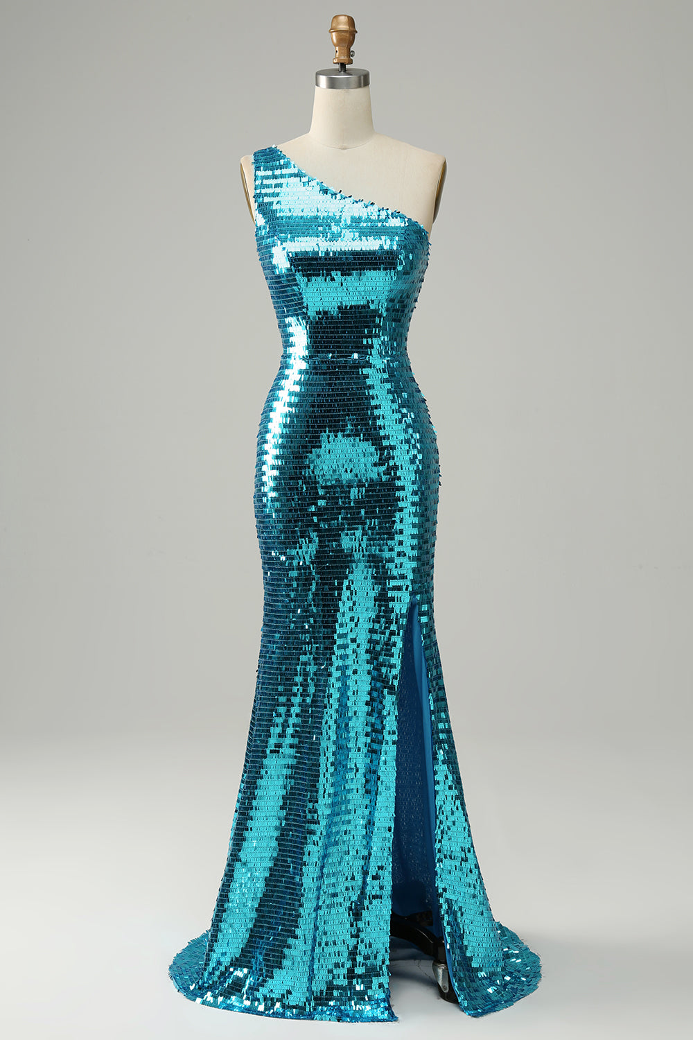Glitzernde blaues Pailletten Eine schulter langes Ballkleid mit Schlitz