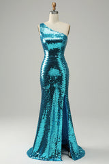 Glitzernde blaues Pailletten Eine schulter langes Ballkleid mit Schlitz