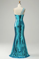 Glitzernde blaues Pailletten Eine schulter langes Ballkleid mit Schlitz