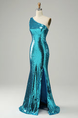Glitzernde blaues Pailletten Eine schulter langes Ballkleid mit Schlitz