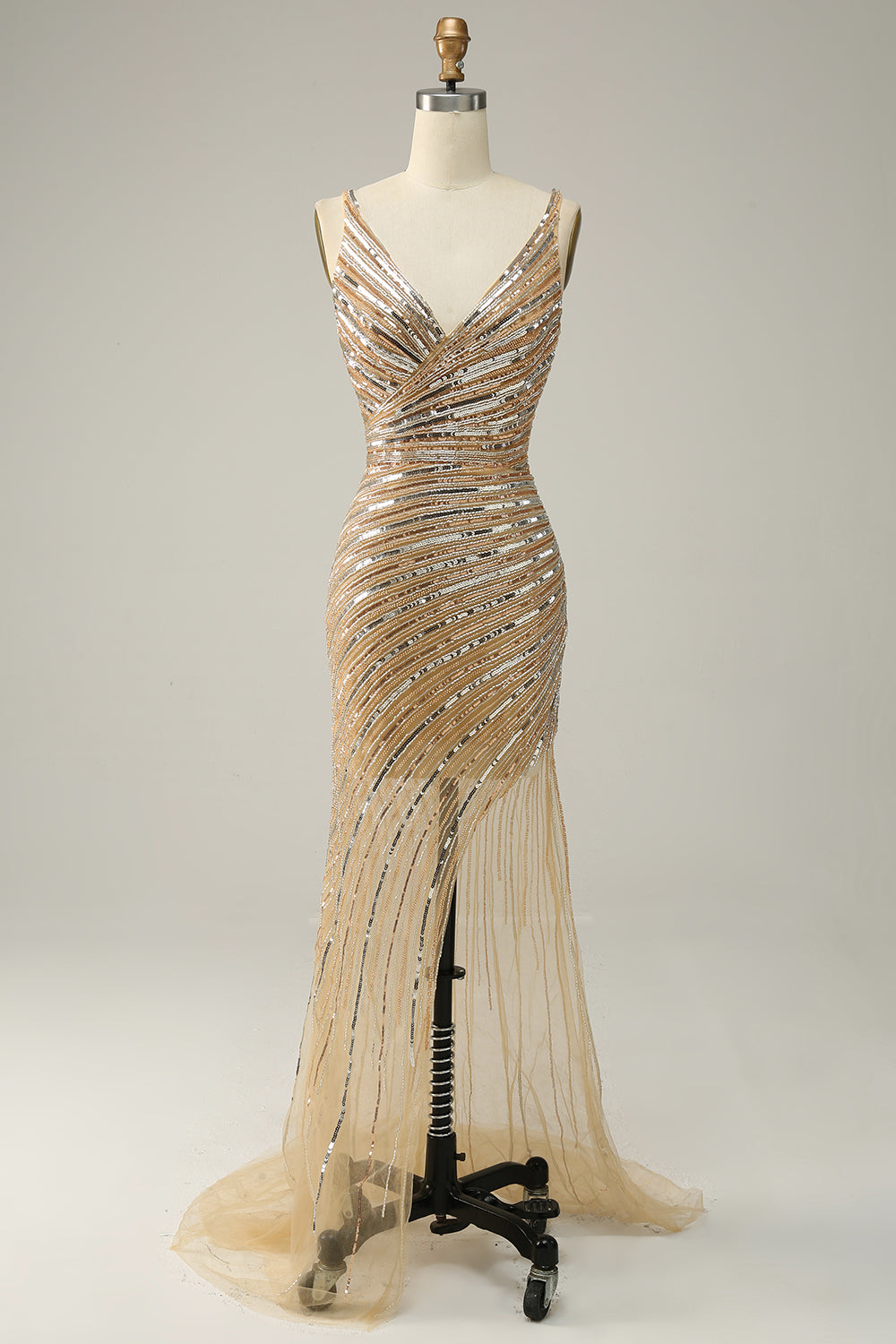 Scheide V Ausschnitt Goldene Pailletten Langes Ballkleid mit offenem Rücken