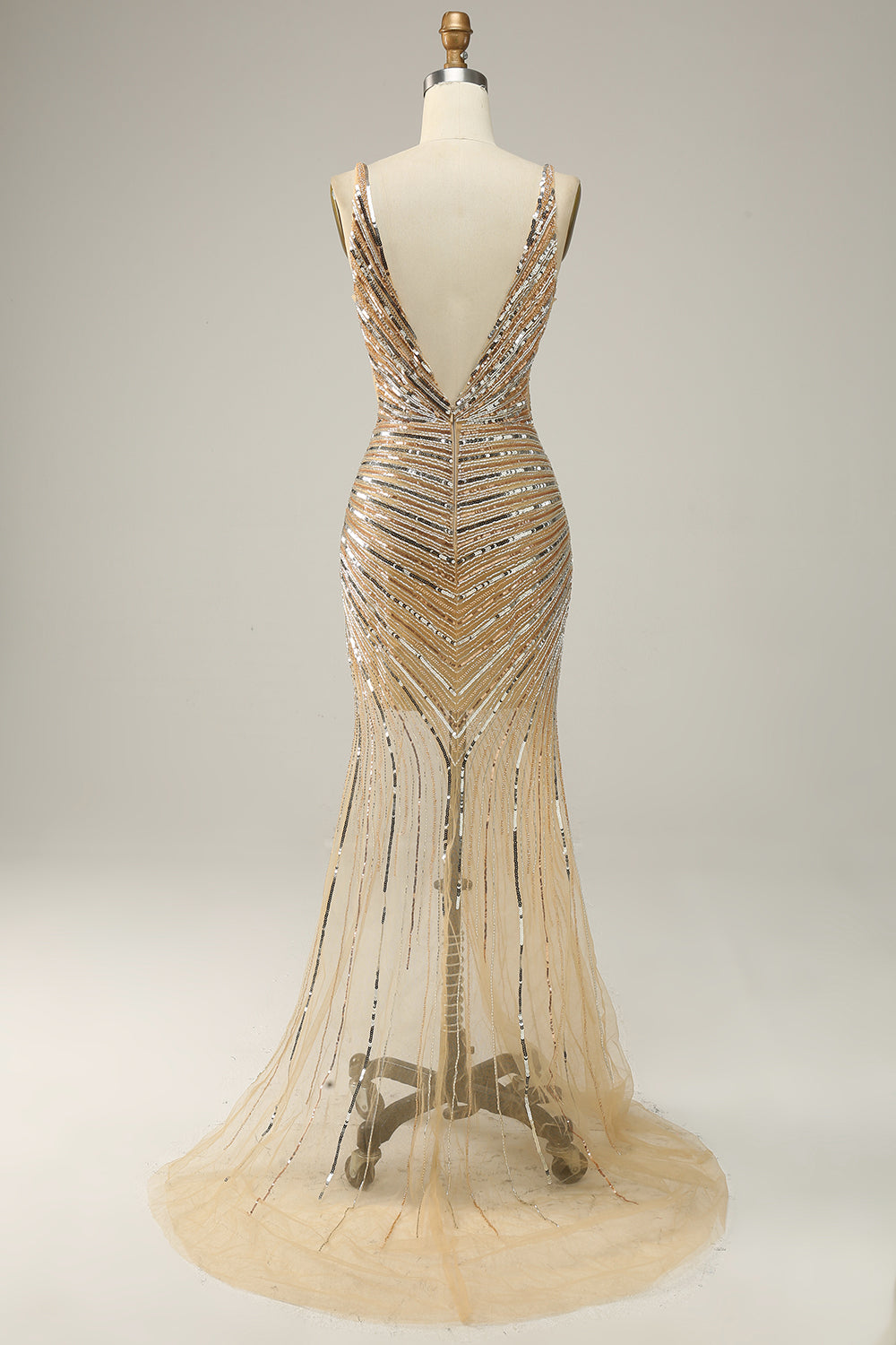 Scheide V Ausschnitt Goldene Pailletten Langes Ballkleid mit offenem Rücken