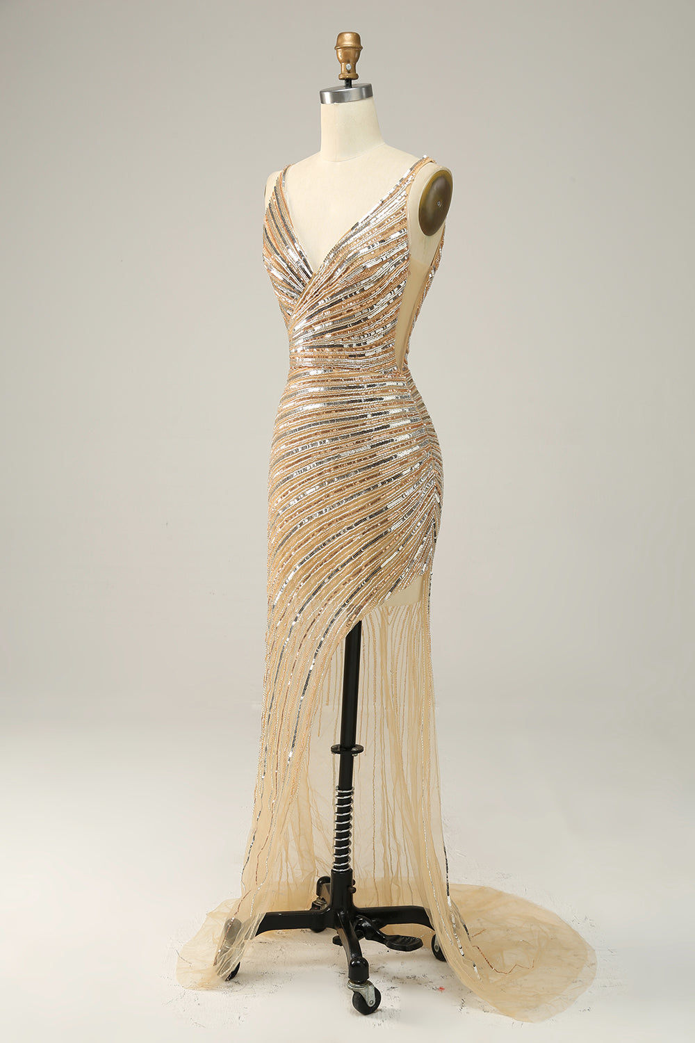 Scheide V Ausschnitt Goldene Pailletten Langes Ballkleid mit offenem Rücken