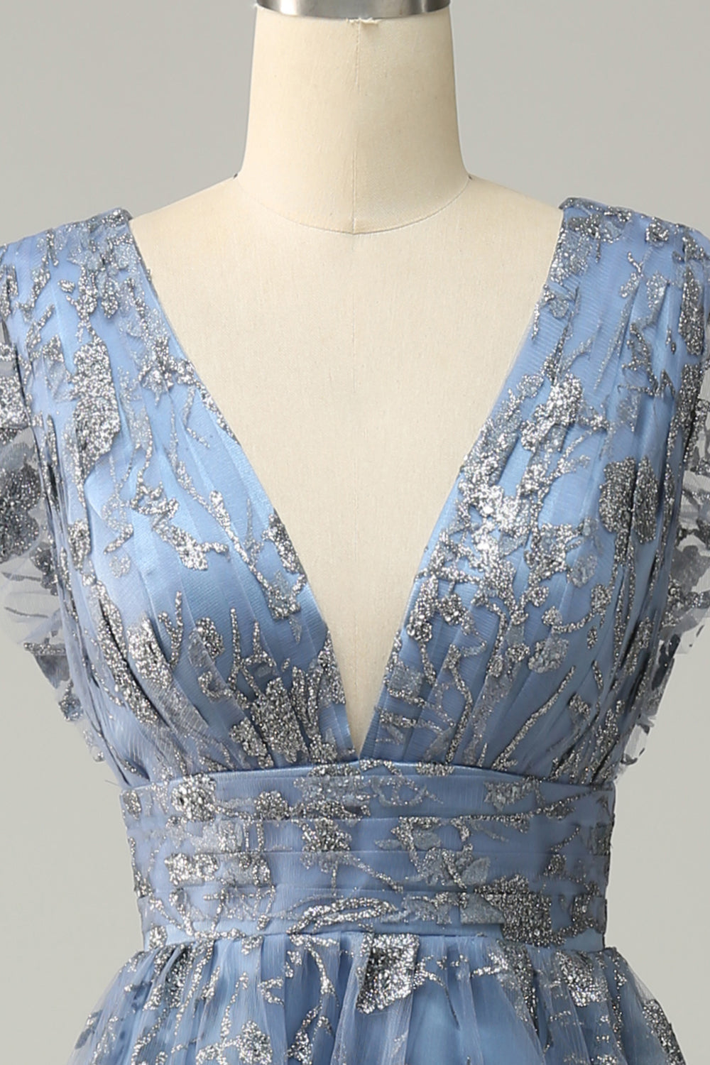 A Linie Tiefer V-Ausschnitt Grau Blau Übergröße Ballkleid mit Stickerei