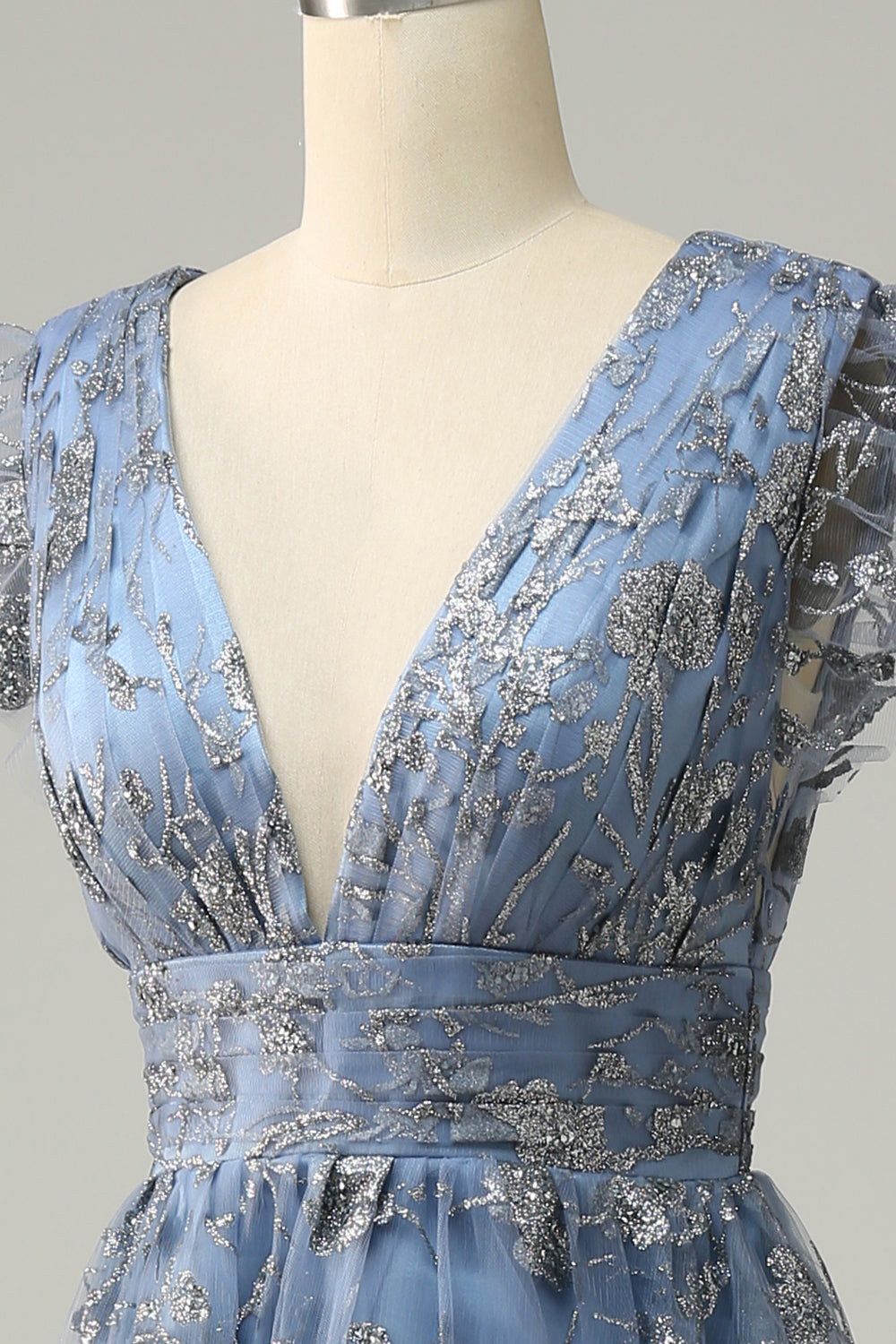 A Linie Tiefer V-Ausschnitt Grau Blau Übergröße Ballkleid mit Stickerei
