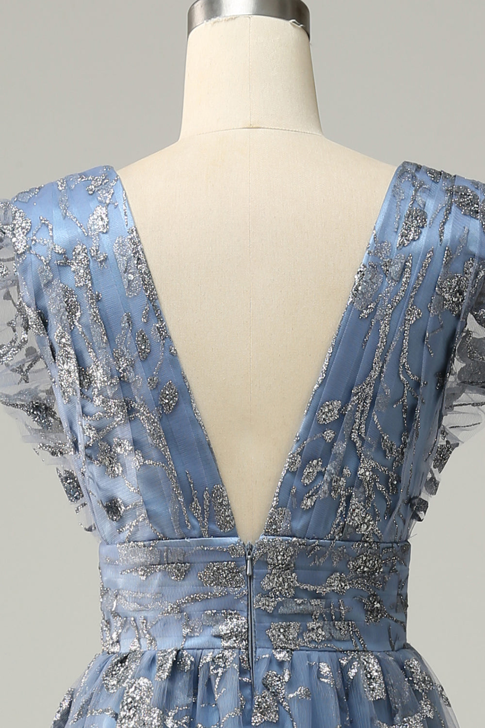 A Linie Tiefer V-Ausschnitt Grau Blau Übergröße Ballkleid mit Stickerei