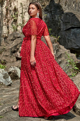 A-Linie V Ausschnitt rotes Spitze Übergröße Ballkleid mit Schlitz