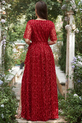 A-Linie rotes langes V-Ausschnitt Brautjungfernkleid mit Stickerei