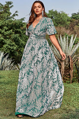 A-Linie V-Ausschnitt Grünes Blumen bedruckt Übergröße Ballkleid mit kurzen Ärmeln