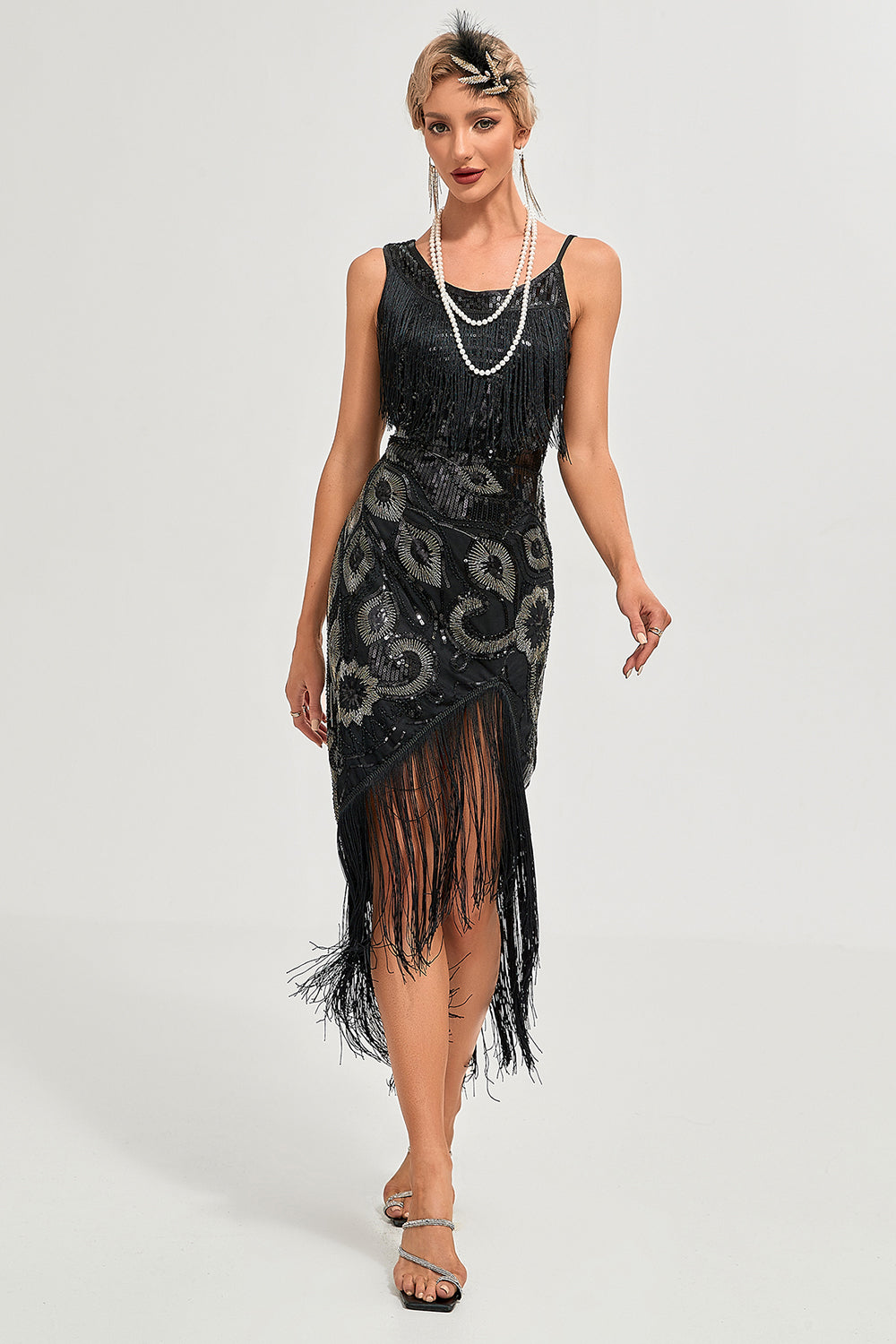 Zapaka Damen Schwarzes Gatsby Fransen Flapper Kleid Spaghettiträger Kleid aus den 1920er Jahren