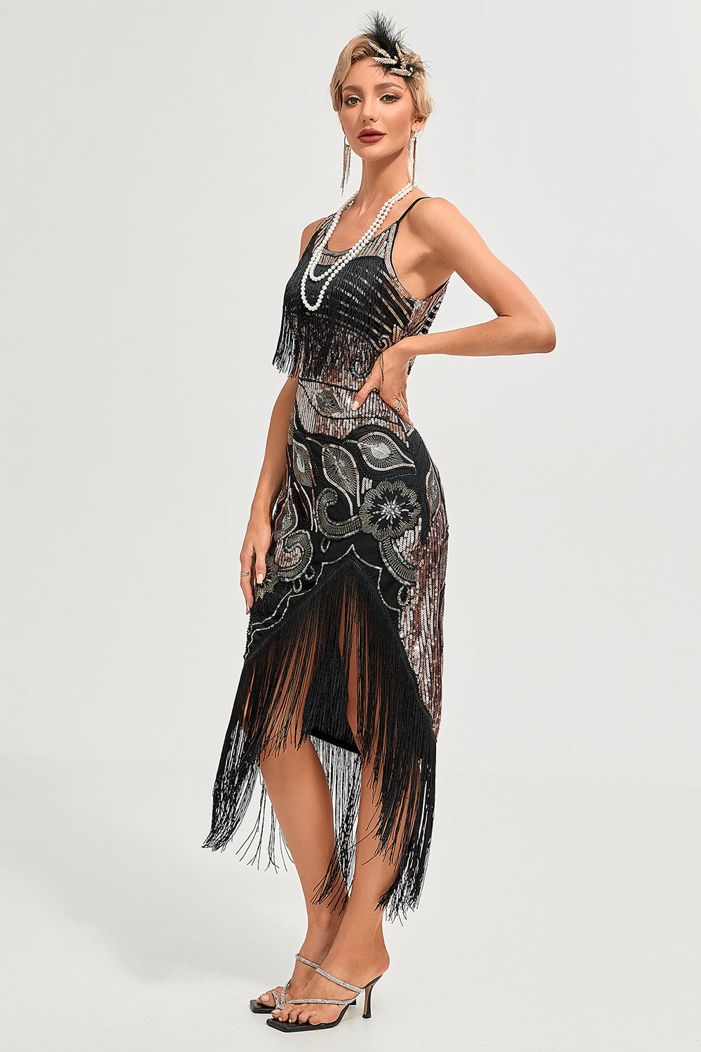 Schwarzes Spaghettiträger Gatsby Flapper Kleid mit Fransen