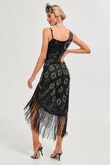 Schwarzes Spaghettiträger Gatsby Flapper Kleid mit Fransen