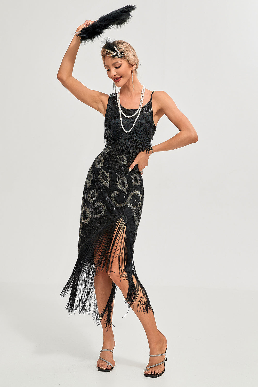 Schwarzes Spaghettiträger Gatsby Flapper Kleid mit Fransen