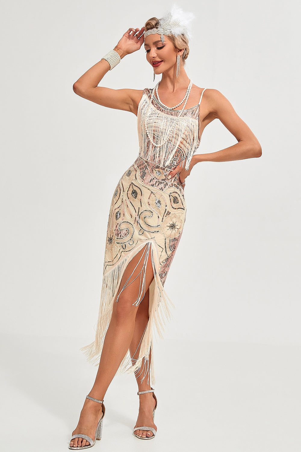 Schwarzes Spaghettiträger Gatsby Flapper Kleid mit Fransen