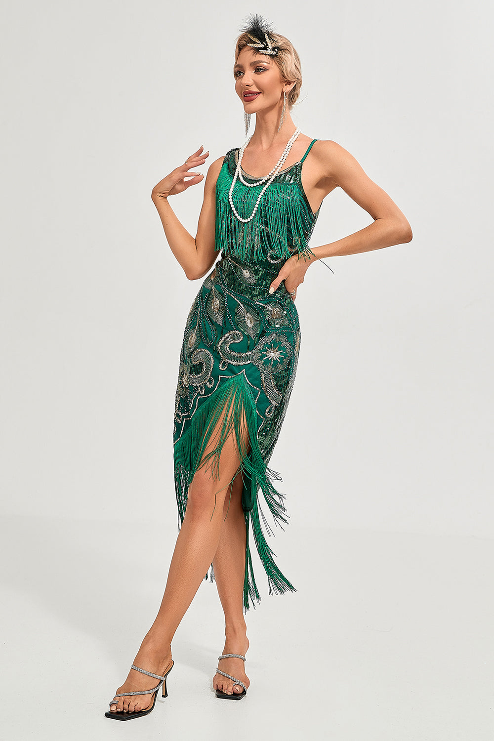 Schwarzes Spaghettiträger Gatsby Flapper Kleid mit Fransen