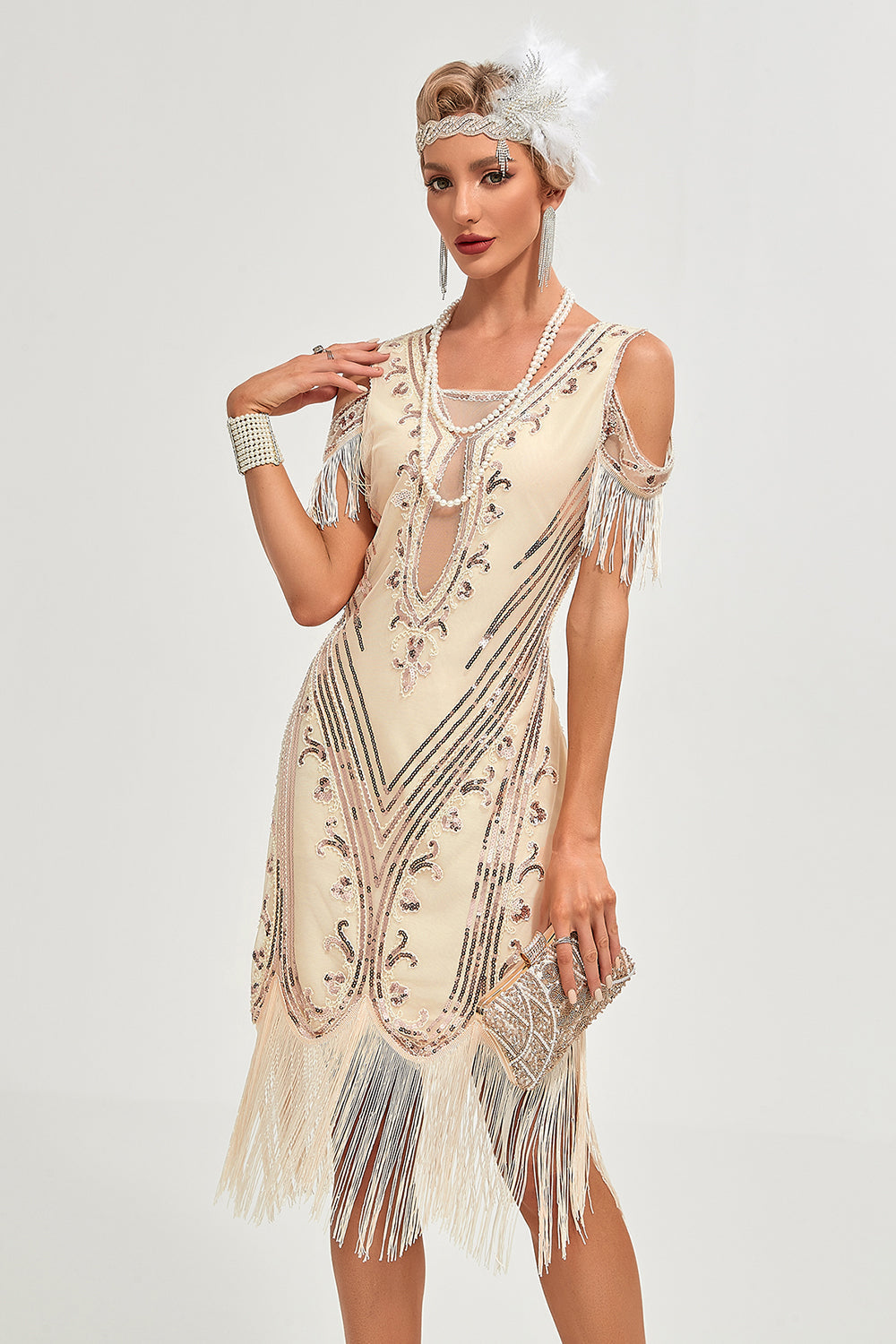 Zapaka Damen Champagner 20er Jahre Kleid Kalte Schulter Charleston Kleid mit Pailletten Fransen