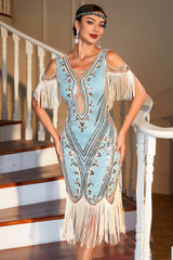 Zapaka Frauen Grünes 20er Jahre Kleid Schulterfreies Pailletten Flapper Kleid mit Quasten
