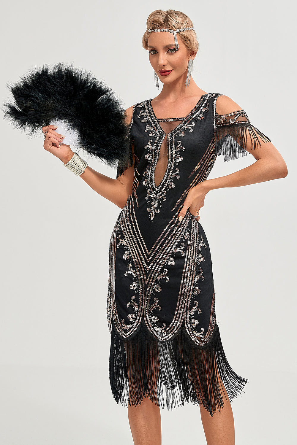 Zapaka Damen Schwarz Goldenes 20er Jahre Kleid Kalte Schulter Charleston Kleid mit Pailletten Fransen