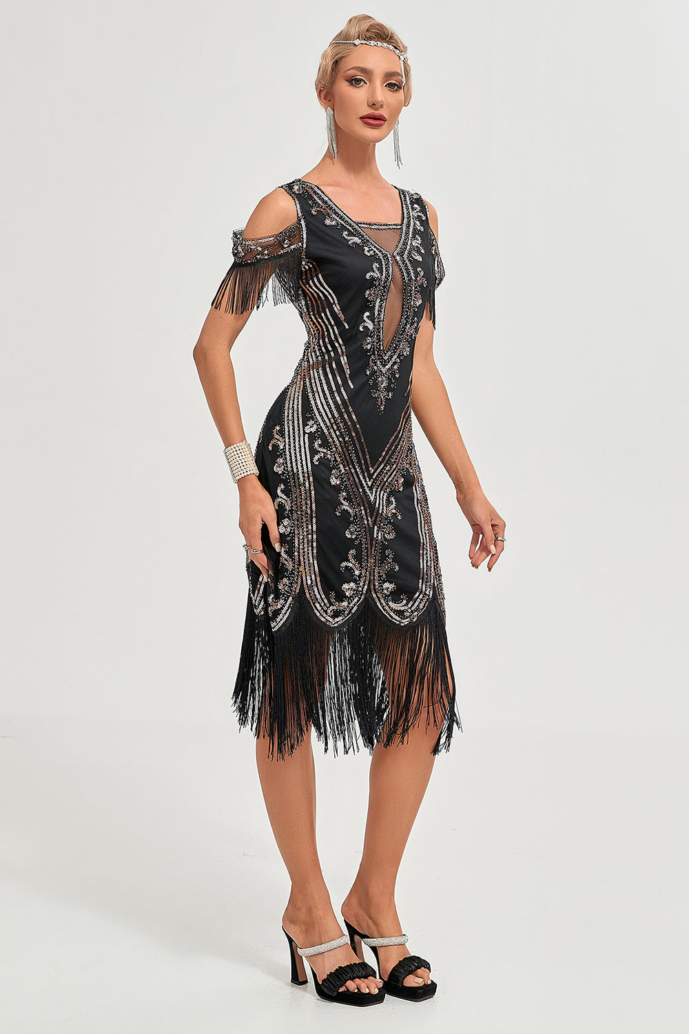 Schwarzes Gatsby Kleid mit Pailletten Fransen aus den 1920er Jahren