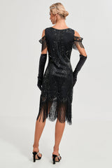 Schwarzes Gatsby Kleid mit Pailletten Fransen aus den 1920er Jahren