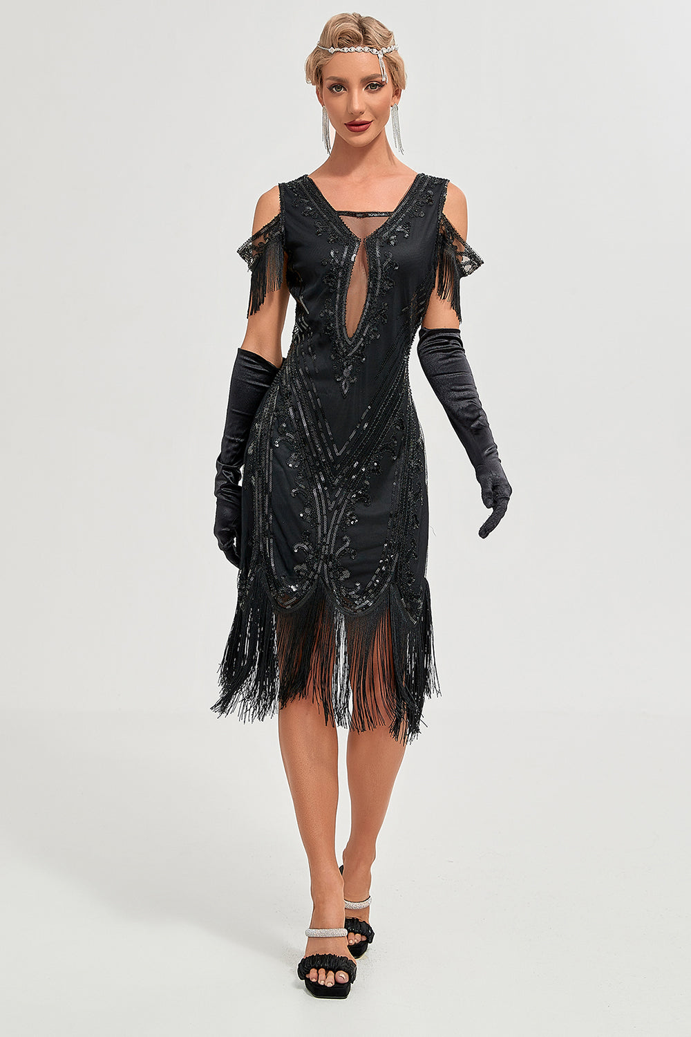 Schwarzes Gatsby Kleid mit Pailletten Fransen aus den 1920er Jahren