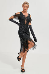 Schwarzes Gatsby Kleid mit Pailletten Fransen aus den 1920er Jahren