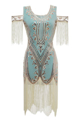 Zapaka Frauen Grünes 20er Jahre Kleid Schulterfreies Pailletten Flapper Kleid mit Quasten