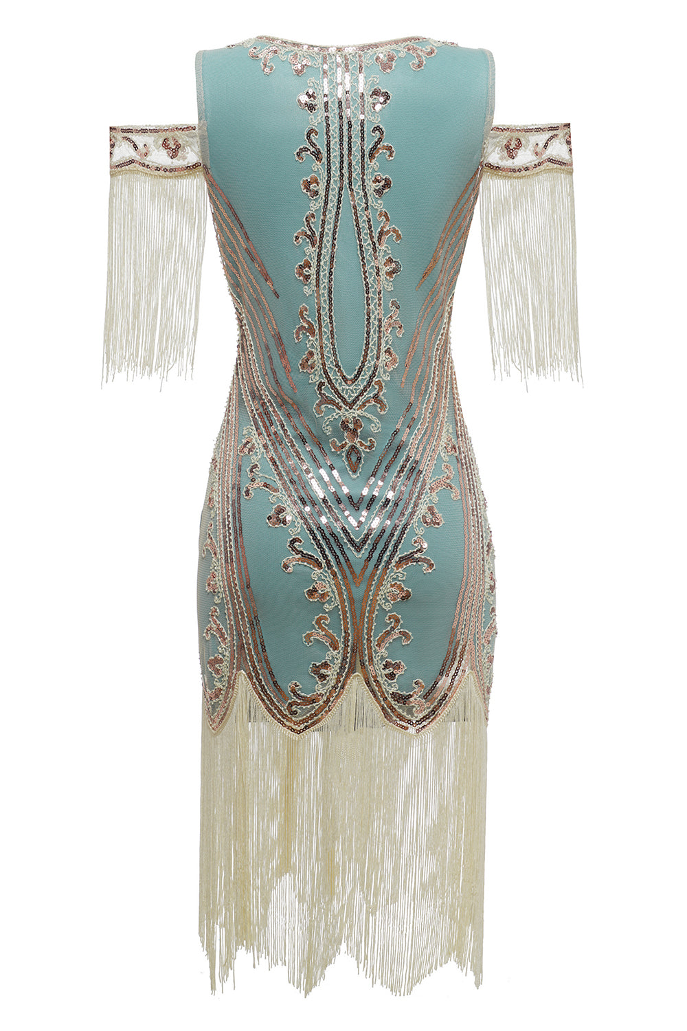 Grünes Schulterfreies Scheide Pailletten 20er Jahren Charleston Kleid mit Quasten