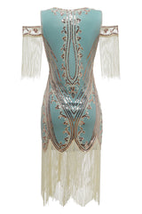 Grünes Schulterfreies Scheide Pailletten 20er Jahren Charleston Kleid mit Quasten