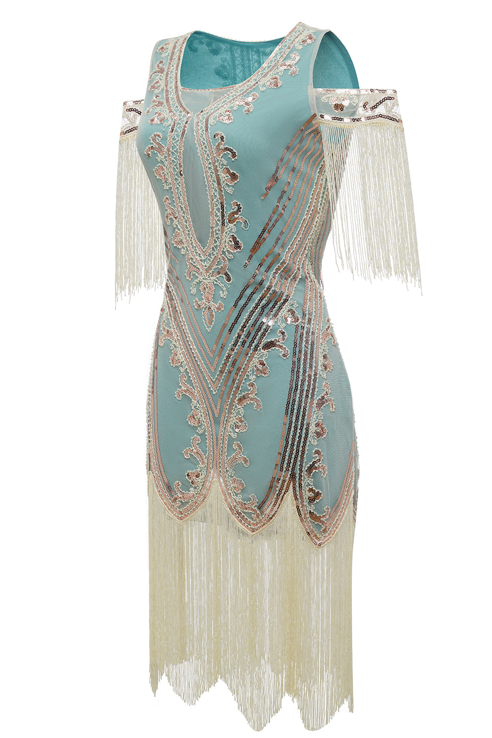 Grünes Schulterfreies Scheide Pailletten 20er Jahren Charleston Kleid mit Quasten