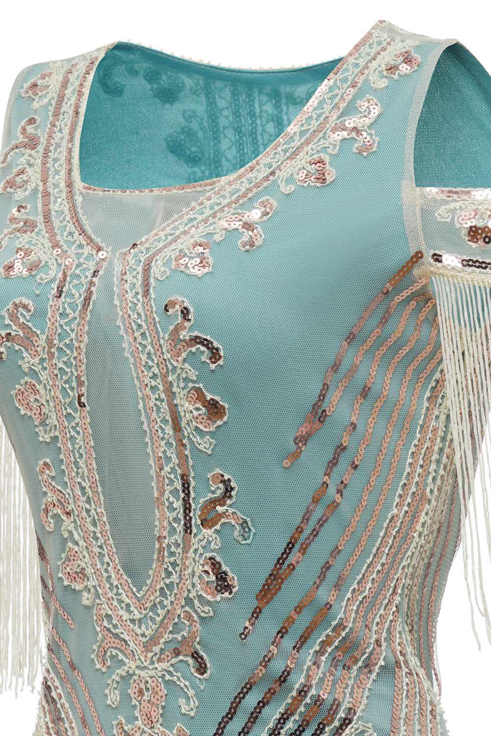 Grünes Schulterfreies Scheide Pailletten 20er Jahren Charleston Kleid mit Quasten